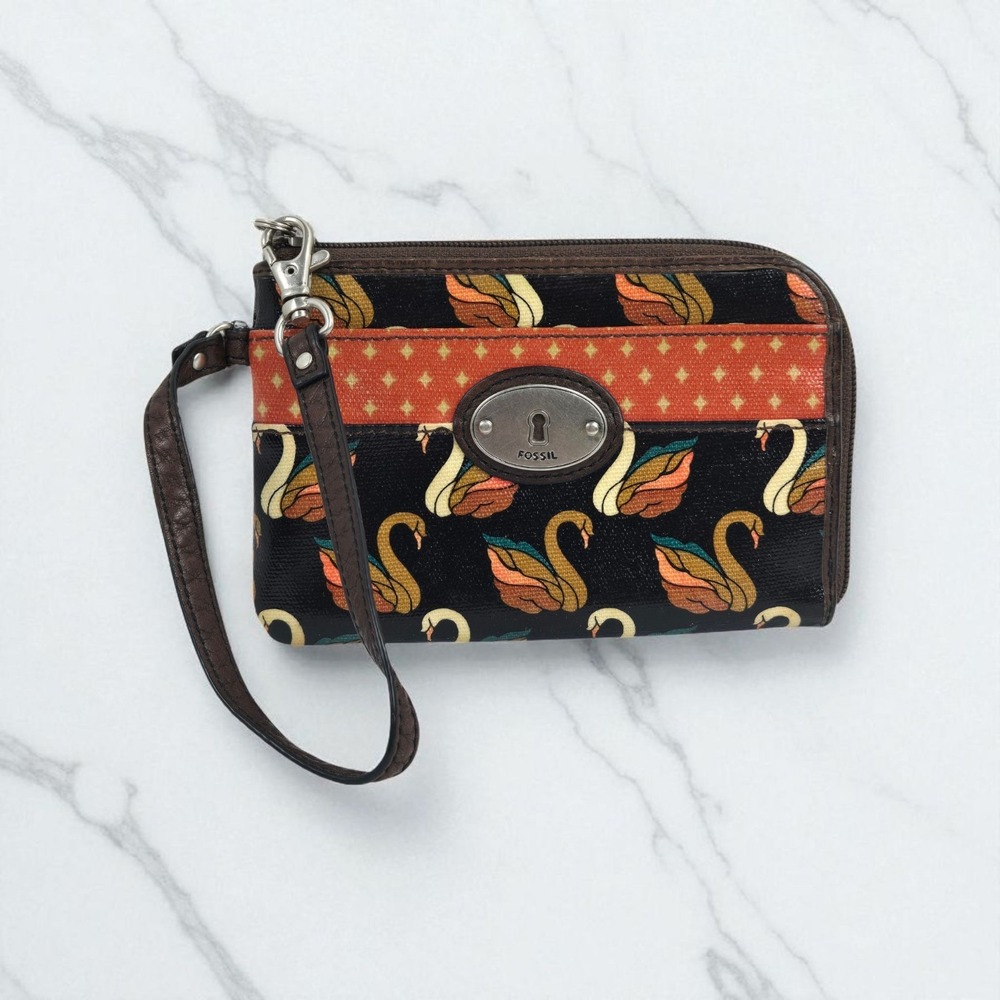 Fossil Key Per Wristlet Wallet P-11 Swan Zip Around Coated Leather EXCELLENT!